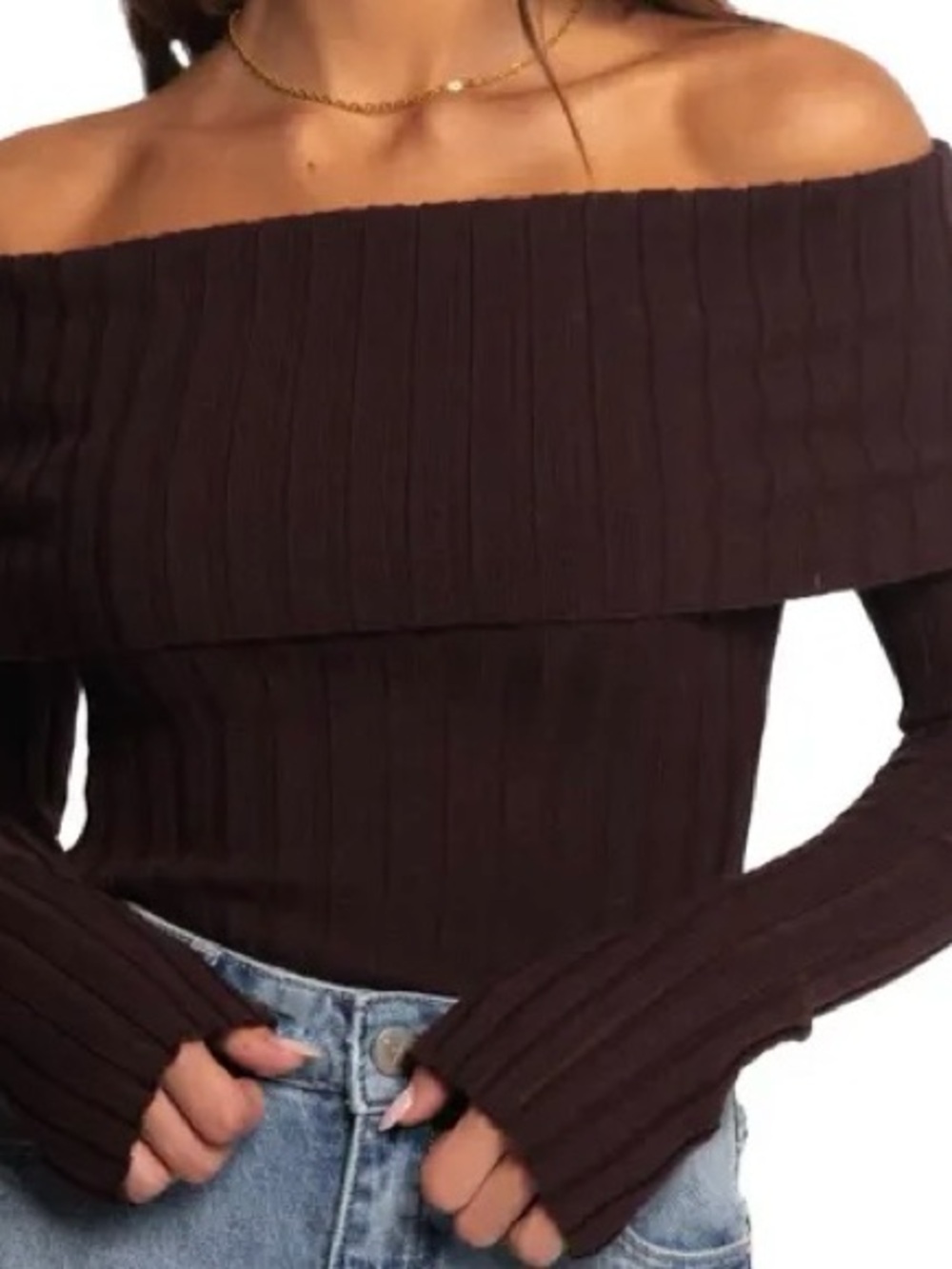 Off-the-Shoulder Brown Ribbed Sweater